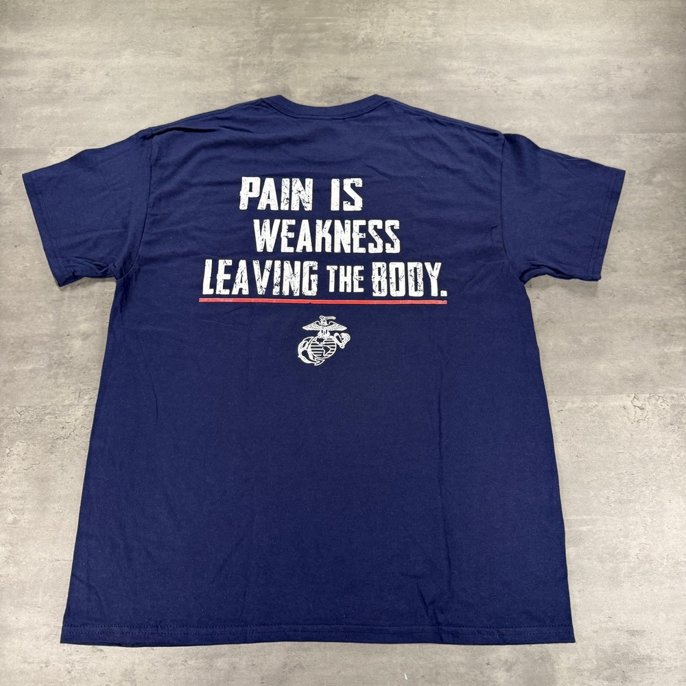USMC T-Shirt Mens L Heavy Cotton Navy Blue Pain Is Weakness Graphic NWOT Gildan